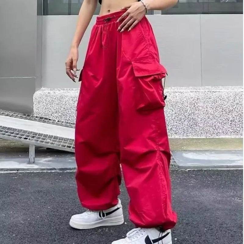 Women Big Pockets Cargo Pants Y2k High Elastic Waist Drawstring Baggy Trousers Vintage Casual Loose Side Zipper Straight Pants - Tamnz