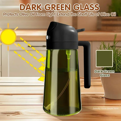 2 in 1 Olive Oil Dispenser Bottle 470ml Light-Blocking Dark Oil Sprayer for Cooking for Kitchen Dark Green Glass Oil Bottle
