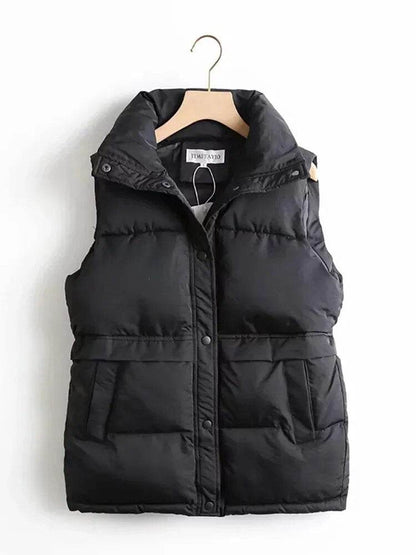 Autumn Winter Women Solid Loose Vest Drawstring Stand Collar Long Vest Jacket Cotton Padded Women Windproof Warm Waistcoat - Tamnz