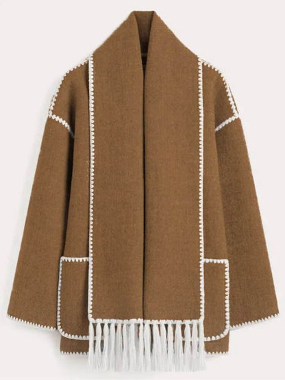 Contrast Single Breasted Women Coat With Scarf Long Sleeve Oversized Loose Tassles Jacket Autumn Winter Fashion Casual Tops - Tamnz