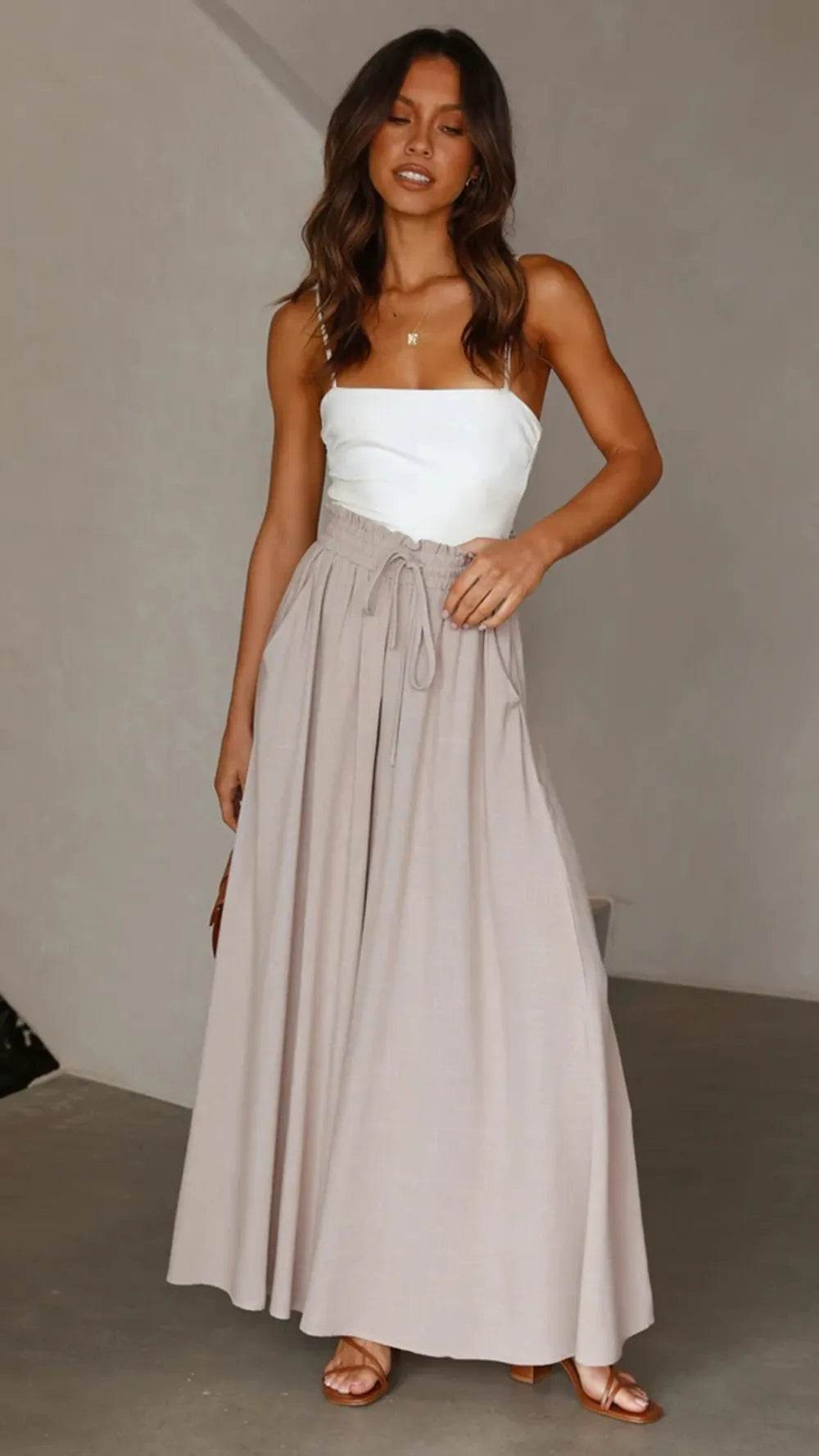 Summer women's Wde Leg Pants With Elastic Waistband - Tamnz