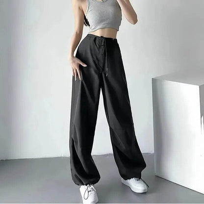 Womens Fashion Parachute Cargo Pants-Vintage Jogging Trousers with High Elastic Waist-Female Chic Lady Boot Cut - Tamnz