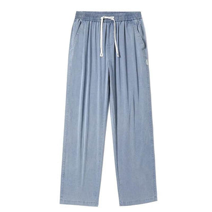 Summer Soft Lyocell Fabric Men's Jeans Thin Loose Straight Pants Drawstring Elastic Waist Korea Casual Trousers Plus Size M-5XL - Tamnz