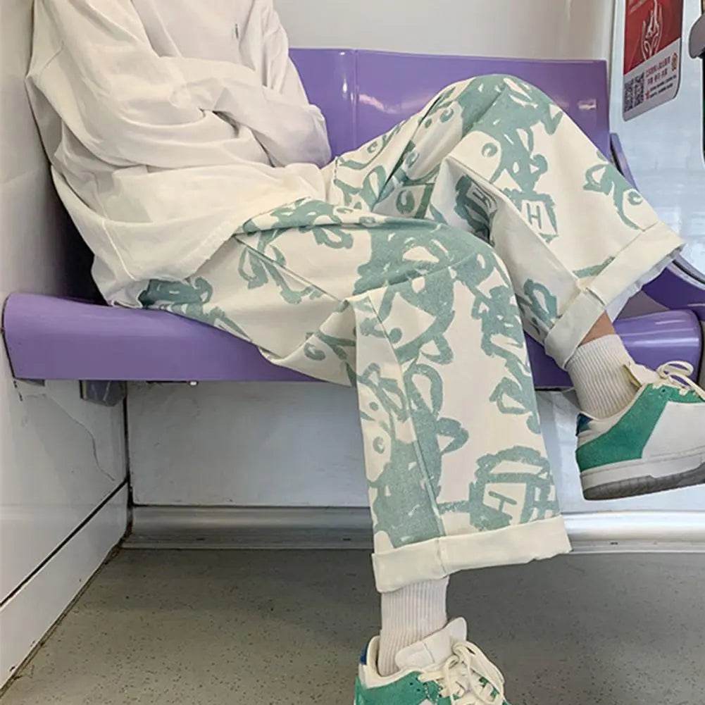 Mid-rise Elastic Waistband Drawstring Pockets Men Pants Cartoon Print Straight Wide Leg Pants Streetwear - Tamnz
