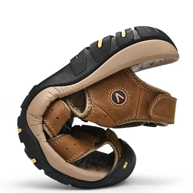 Men's Sandals Summer Anti-collision Toe Outdoor Walking Treking Casual Shoes Leather Hiking Men Slippers Beach Wading Shoes - Tamnz