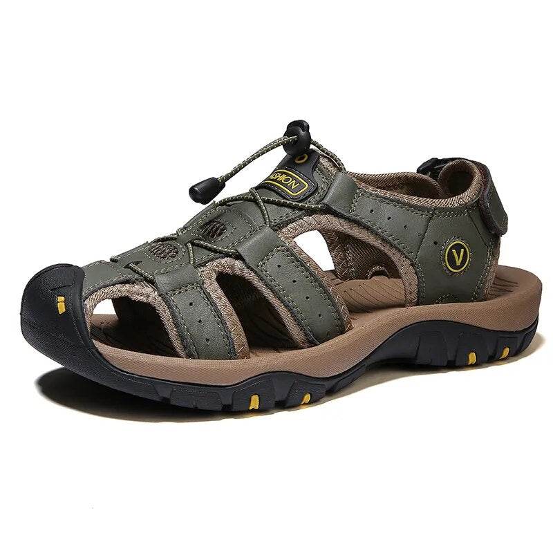 Men's Sandals Summer Anti-collision Toe Outdoor Walking Treking Casual Shoes Leather Hiking Men Slippers Beach Wading Shoes - Tamnz