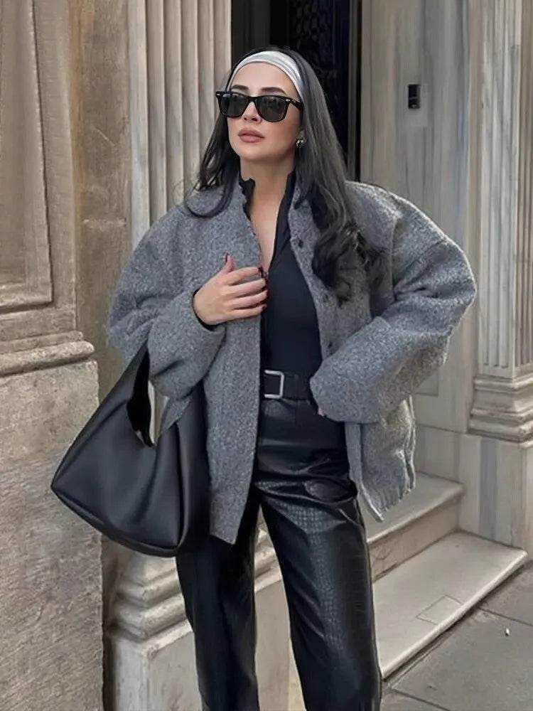 Autumn Winter Gray Casual Women Jacket Fashion Outerwear Chic Lady Bomber Coat Winter Thick Top - Tamnz