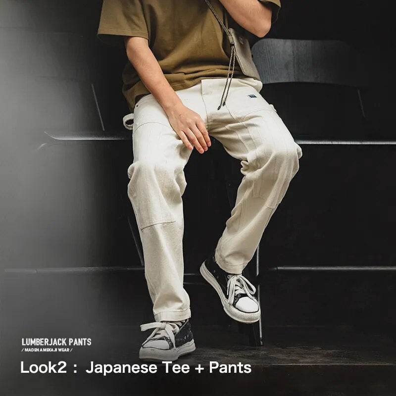 Maden Japanese Korean Style Vintage Loose Jeans Washed Straight Multi-Pocket Men's Cargo Pants Streetwear Carpenter Trouser - Tamnz