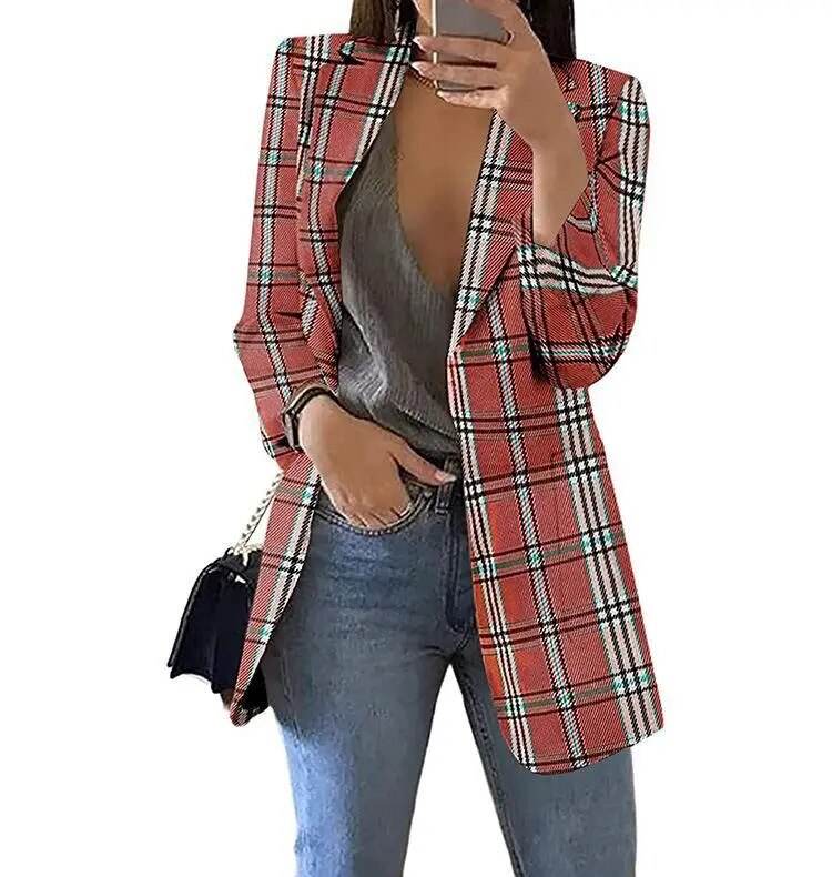Autumn/Winter Fashion Women's Cardigan Collar Plaid Slim Fit Suit Coat - Tamnz