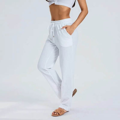 Womens Loose Trousers Casual Solid Color Wide Leg Trousers Drawstring Design Fashion Pants - Tamnz