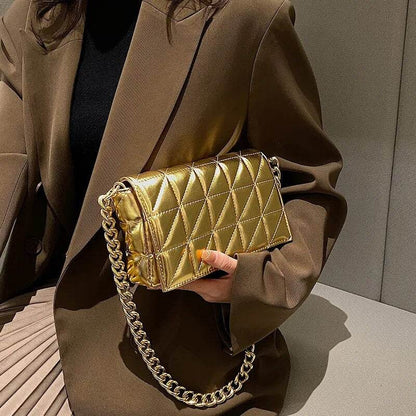 Woman Bags Quilted Shoulder Bags For Women Shiny Gold Handbag Metal Chain Small Single Shoulder Bag - Tamnz