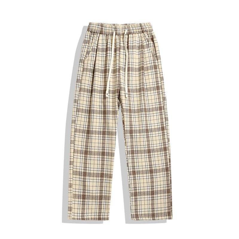 Winter Plaid Pants Men Dehaired Velvet Thick Warm Checkered Casual Sweatpants Black Khaki Vintage Long Straight Trousers - Tamnz