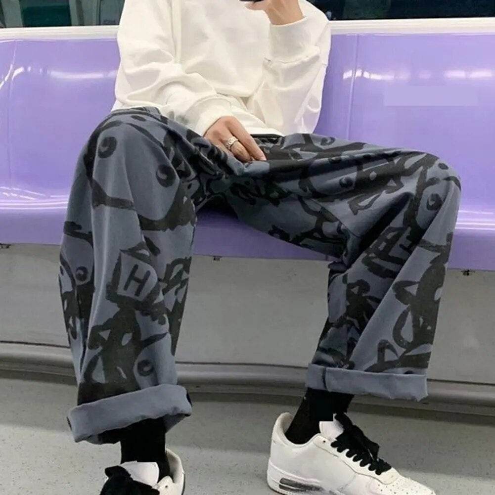 Mid-rise Elastic Waistband Drawstring Pockets Men Pants Cartoon Print Straight Wide Leg Pants Streetwear - Tamnz