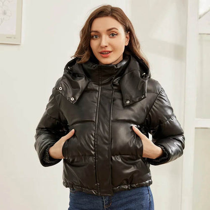 Women Winter Vintage Faux Leather Loose Hooded Pockets Cotton Jackets Fashion Warm Thick PU Parkas Female Outerwear Tops - Tamnz