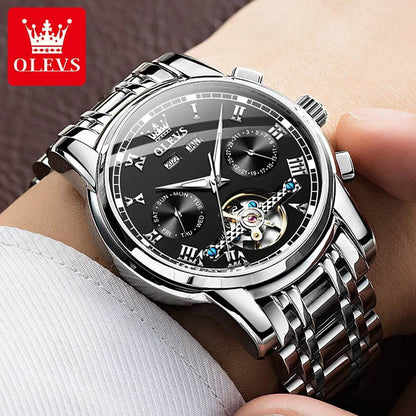 Automatic Mechanical Business Wristwatch Skeleton Calendar Stainless Steel Strap Watch - Tamnz