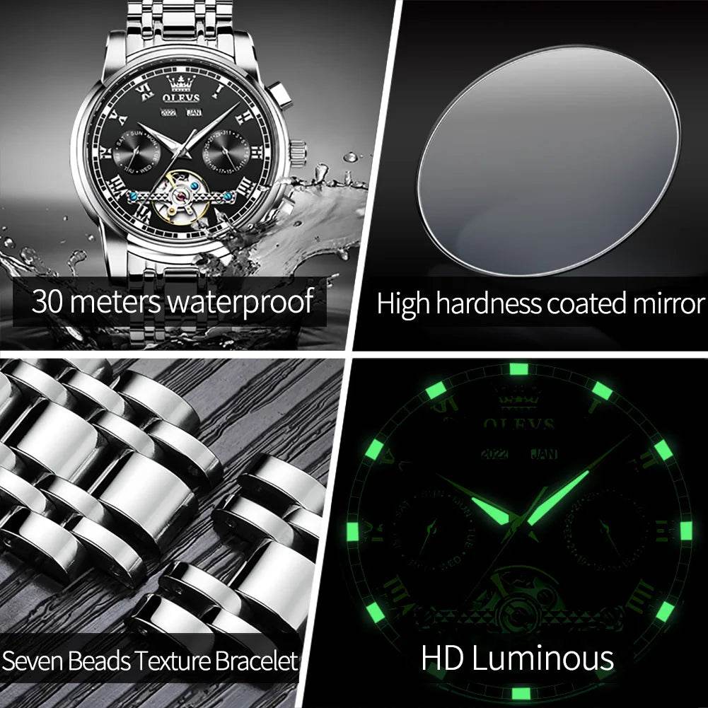 Automatic Mechanical Business Wristwatch Skeleton Calendar Stainless Steel Strap Watch - Tamnz