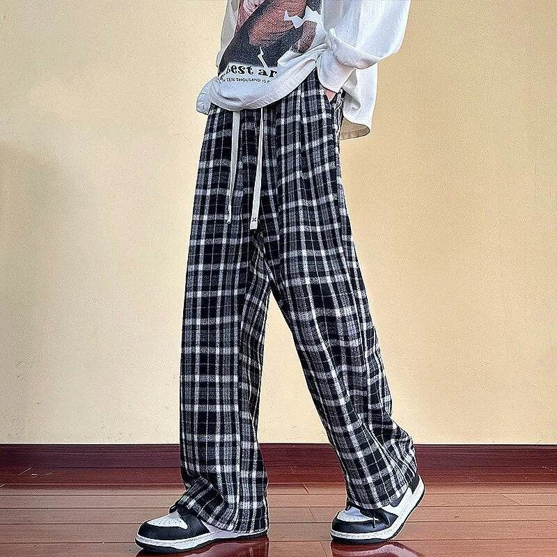 Winter Plaid Pants Men Dehaired Velvet Thick Warm Checkered Casual Sweatpants Black Khaki Vintage Long Straight Trousers - Tamnz