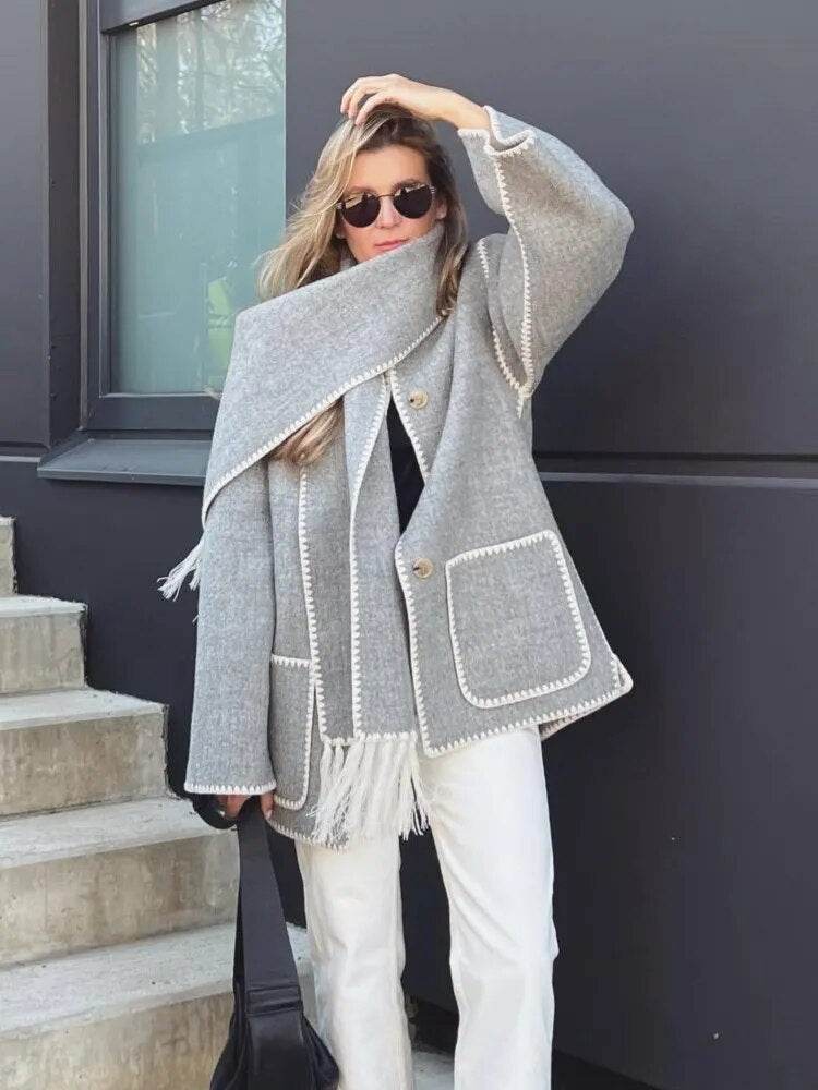Contrast Single Breasted Women Coat With Scarf Long Sleeve Oversized Loose Tassles Jacket Autumn Winter Fashion Casual Tops - Tamnz