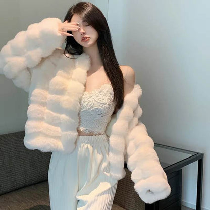 Winter Fashion Faux Fur Coat Women Korea Fashion Warm Feather Coats Cardigan Short Outercoat Lady Party Elegant Outfits - Tamnz