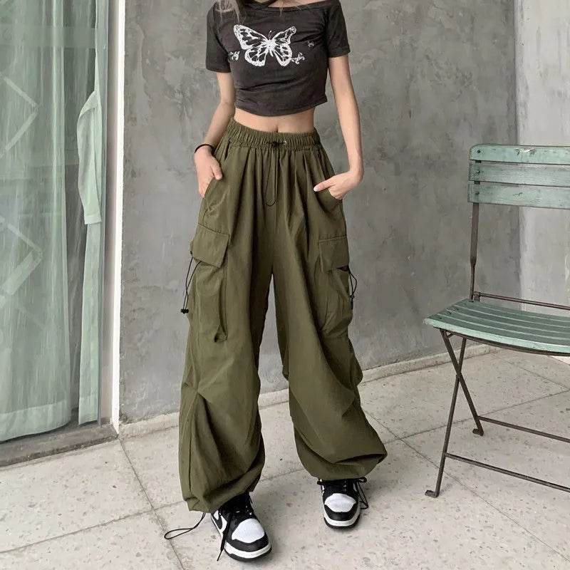 Women Big Pockets Cargo Pants Y2k High Elastic Waist Drawstring Baggy Trousers Vintage Casual Loose Side Zipper Straight Pants - Tamnz