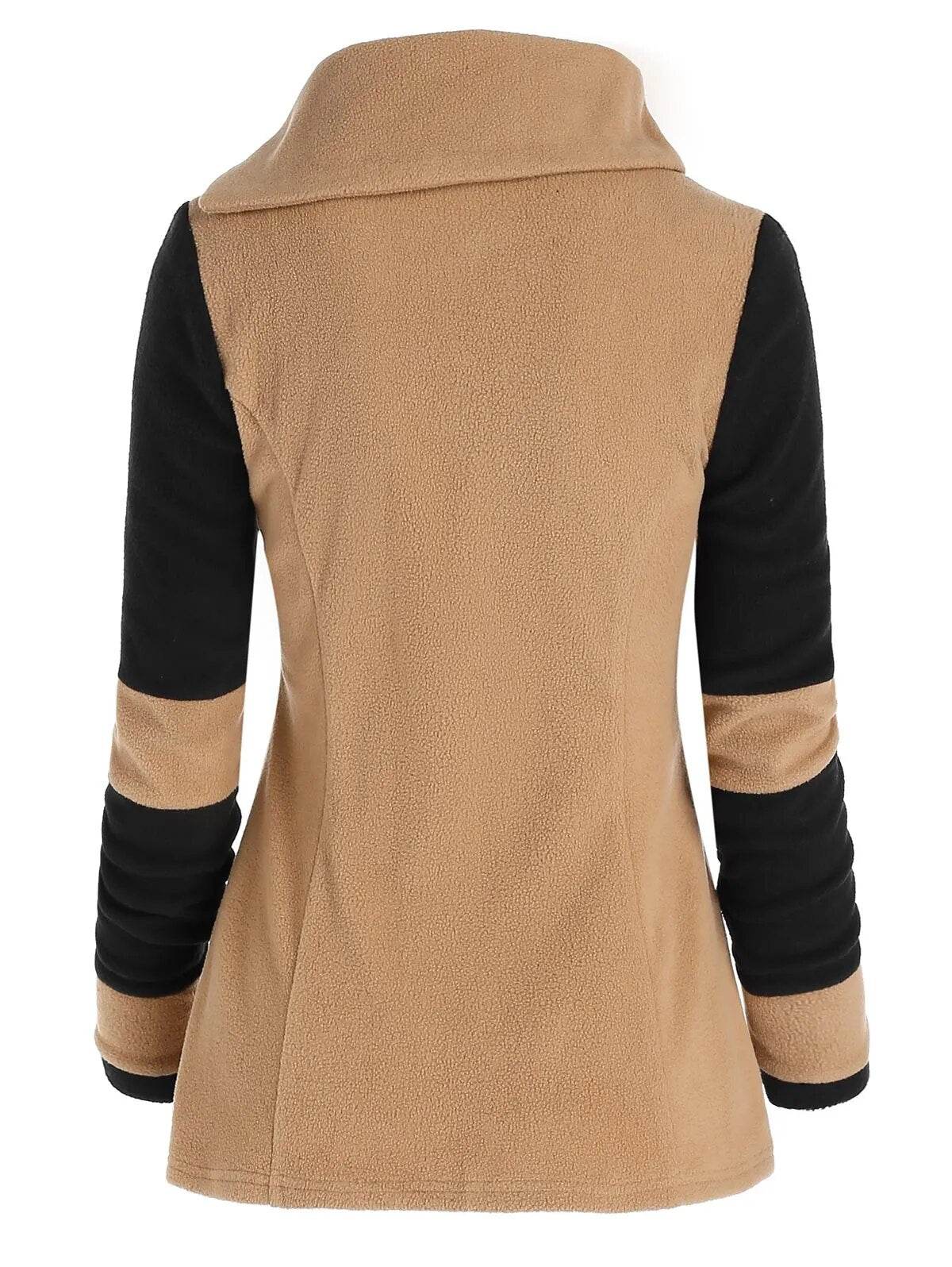 Fashion Two Tone Fleece Jacket Colorblock Wide-waisted Full Sleeve Warm Coat For Fall,Spring,Winter - Tamnz