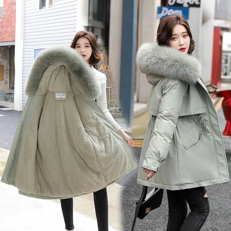 Women Parka Fashion Long Coat Wool Liner Hooded Parkas Winter Jacket Slim with Fur Collar Warm Snow Wear Padded - Tamnz