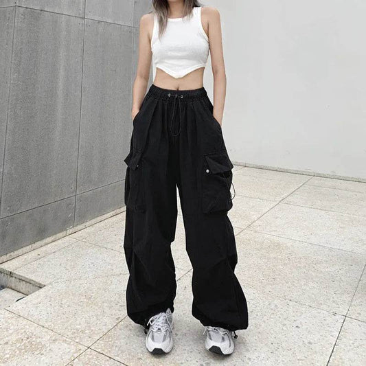 Women Big Pockets Cargo Pants Y2k High Elastic Waist Drawstring Baggy Trousers Vintage Casual Loose Side Zipper Straight Pants - Tamnz