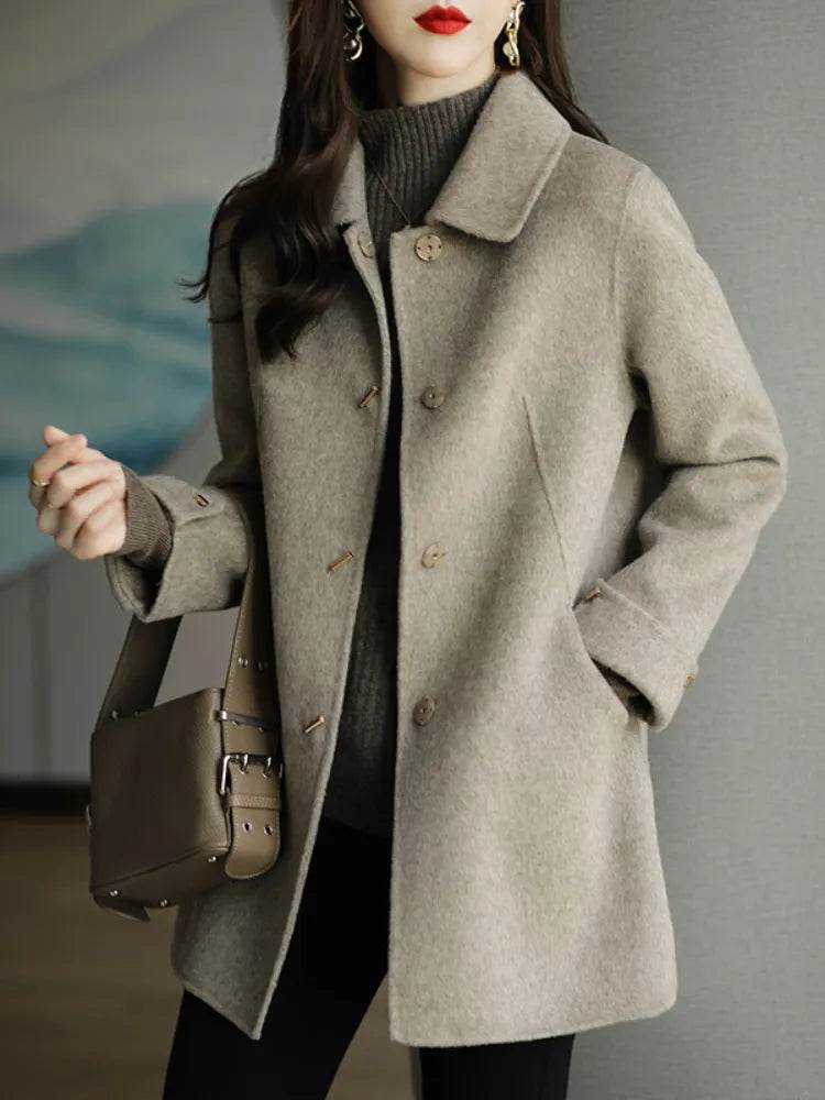Autumn Winter Woolen Coat Slim Fashion Office Lady Square Collar Single Breasted Winter Coats Wide-waisted Pocket - Tamnz