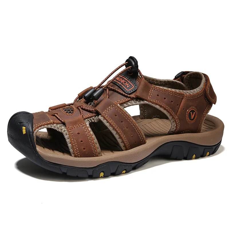 Men's Sandals Summer Anti-collision Toe Outdoor Walking Treking Casual Shoes Leather Hiking Men Slippers Beach Wading Shoes - Tamnz