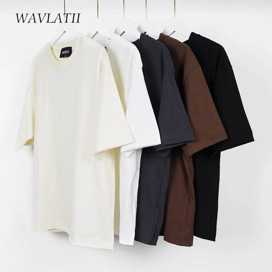 WAVLATII Oversized Summer T shirts for Women Men Brown Casual Female Korean Streetwear Tees Unisex Basic Solid Young Cool Tops - Tamnz