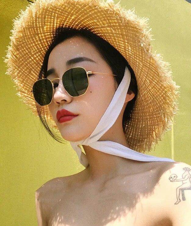 Sunglases Hexagon Sunglasses Women Metal Frame Fishing Glasses Gold tea Eyewear lentes - Tamnz