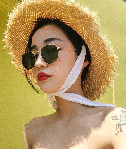 Sunglases Hexagon Sunglasses Women Metal Frame Fishing Glasses Gold tea Eyewear lentes - Tamnz