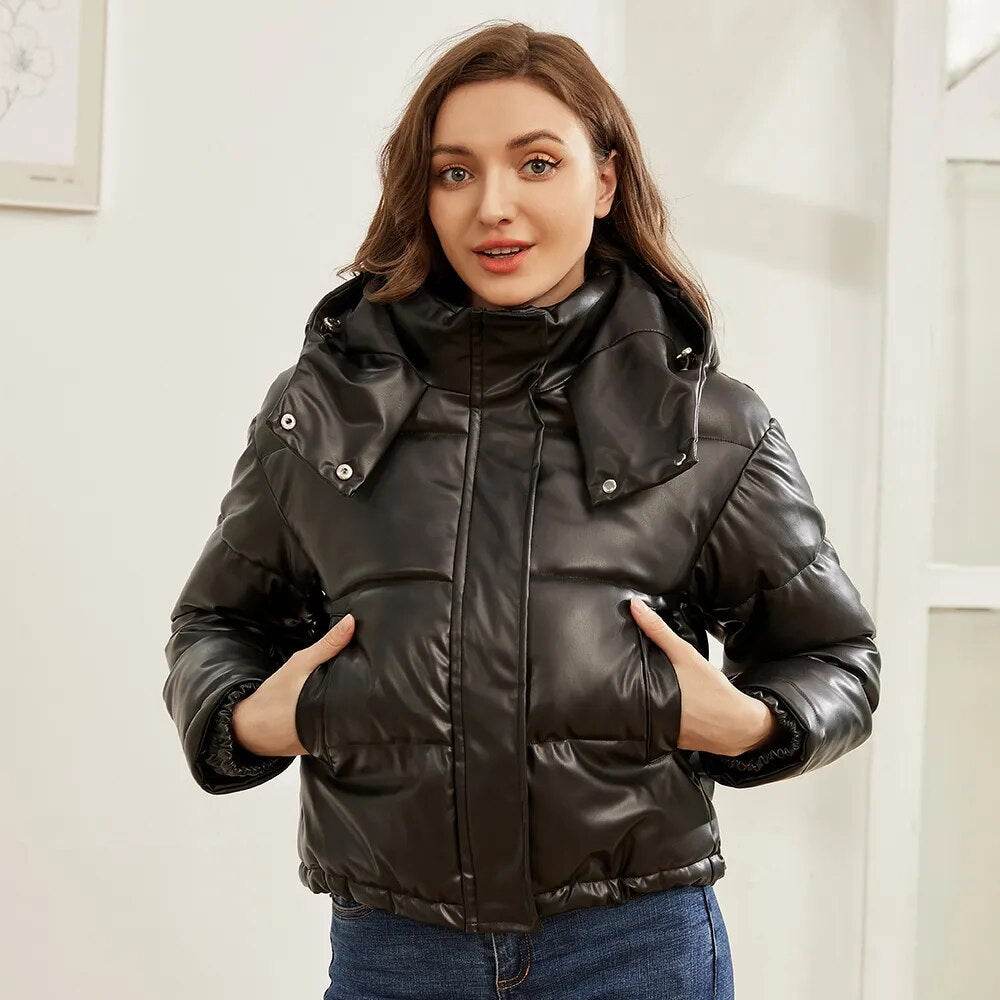 Women Winter Vintage Faux Leather Loose Hooded Pockets Cotton Jackets Fashion Warm Thick PU Parkas Female Outerwear Tops - Tamnz