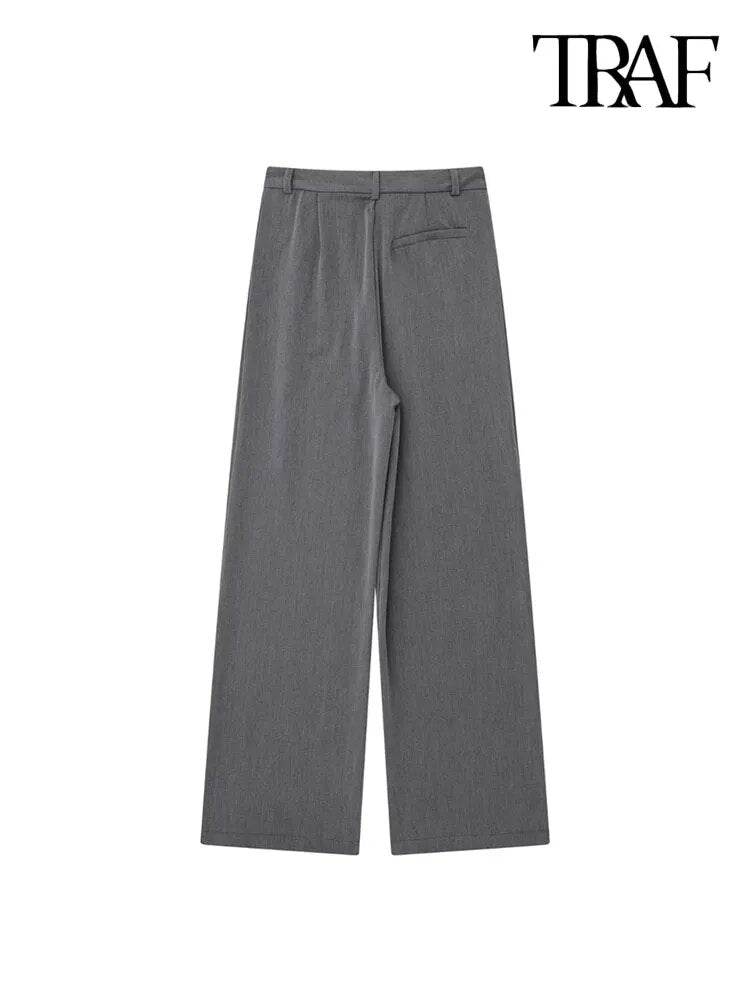 Fashion With Darts Front Pockets Wide Leg Pants Vintage High Waist Zipper Fly Female Trousers Mujer - Tamnz