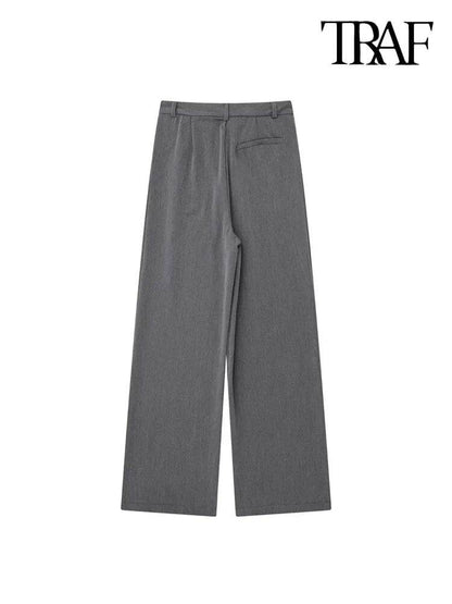 Fashion With Darts Front Pockets Wide Leg Pants Vintage High Waist Zipper Fly Female Trousers Mujer - Tamnz