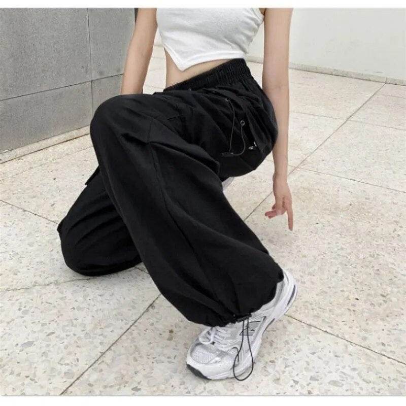 Womens Elastic Waist Loose Retro Overalls Casual Pants Womens Summer Allmatch Straight Drape Trousers Loose Wideleg Pants - Tamnz