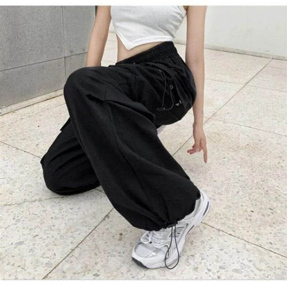 Womens Elastic Waist Loose Retro Overalls Casual Pants Womens Summer Allmatch Straight Drape Trousers Loose Wideleg Pants - Tamnz