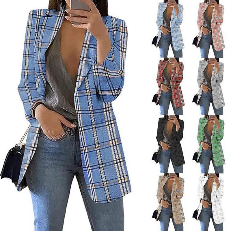 Autumn/Winter Fashion Women's Cardigan Collar Plaid Slim Fit Suit Coat - Tamnz