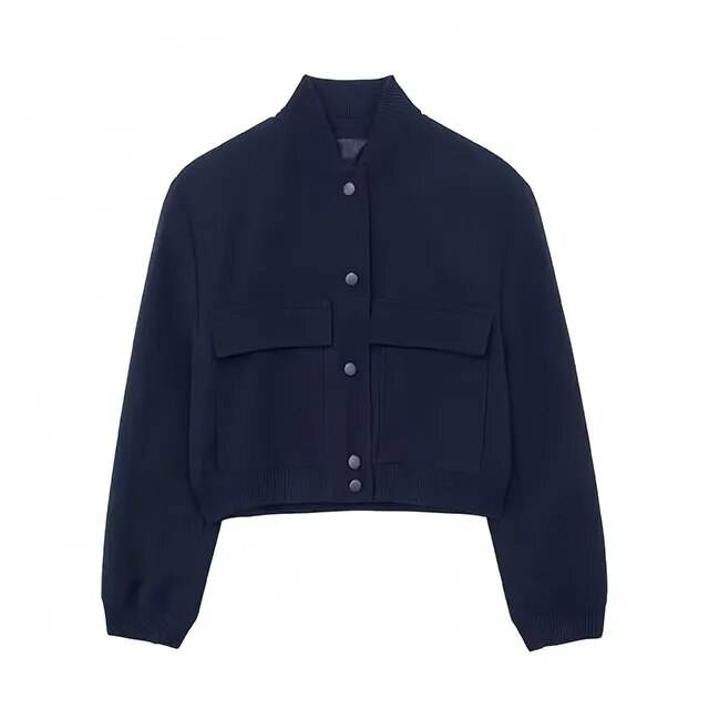 Women Fashion Bomber Jackets with Big Pockets Cropped Spring Amtumn Female Vintage Coat Long Sleeve Front Button Female Outerwea - Tamnz