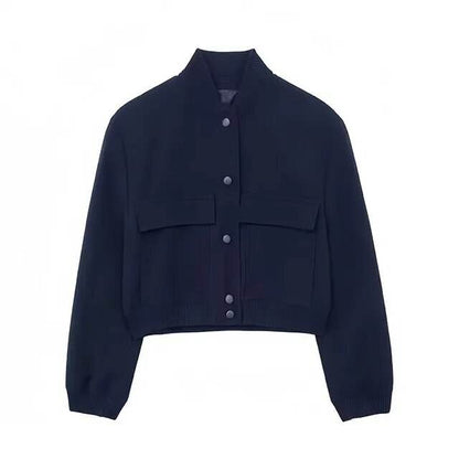 Women Fashion Bomber Jackets with Big Pockets Cropped Spring Amtumn Female Vintage Coat Long Sleeve Front Button Female Outerwea - Tamnz