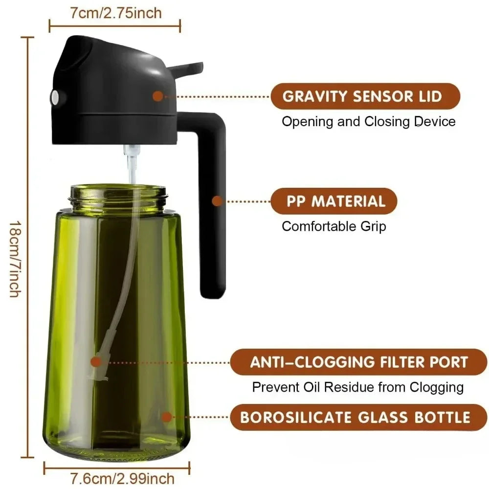 2 in 1 Olive Oil Dispenser Bottle 470ml Light-Blocking Dark Oil Sprayer for Cooking for Kitchen Dark Green Glass Oil Bottle