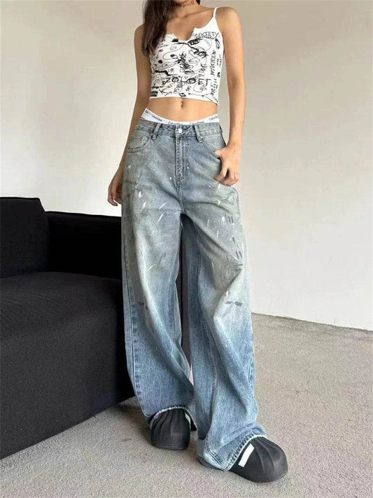 Women's Splashing Paint Graffiti Unisex Wide Leg Jeans Cool Girl Street Fashion Straight Pants Female High Waist Denim Trousers - Tamnz