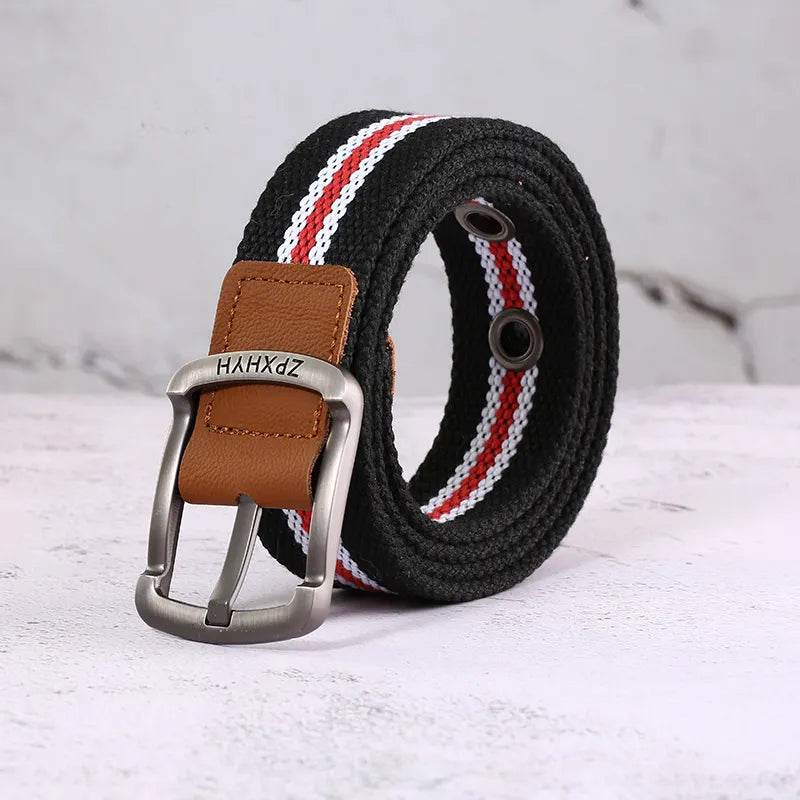 Outdoor Canvas Men's Belt Solid Color Black and Red Striped Woven Alloy Pin Buckle Sports Overalls Belt for Men Wholesale - Tamnz