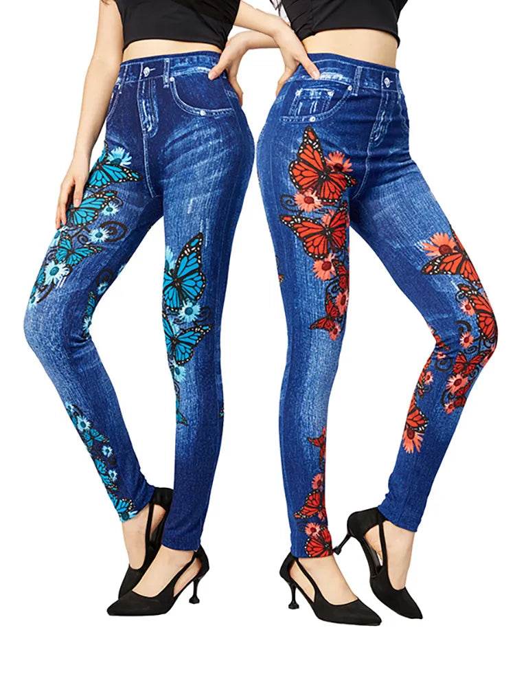 Gym Leggins High Waist Elastic Butterfly Pritned Pencil Pants Faux Denim Leggings Female New Design Hot Sale - Tamnz