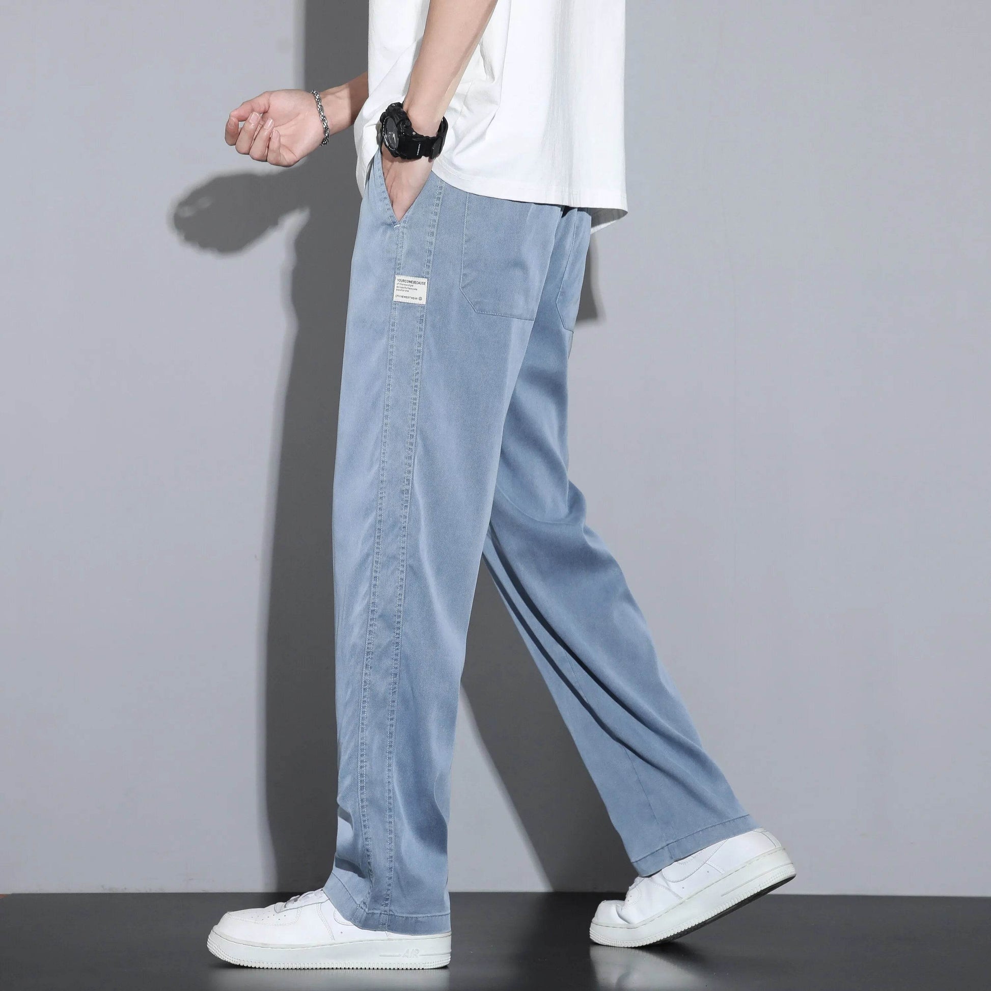 Summer Soft Lyocell Fabric Men's Jeans Thin Loose Straight Pants Drawstring Elastic Waist Korea Casual Trousers Plus Size M-5XL - Tamnz