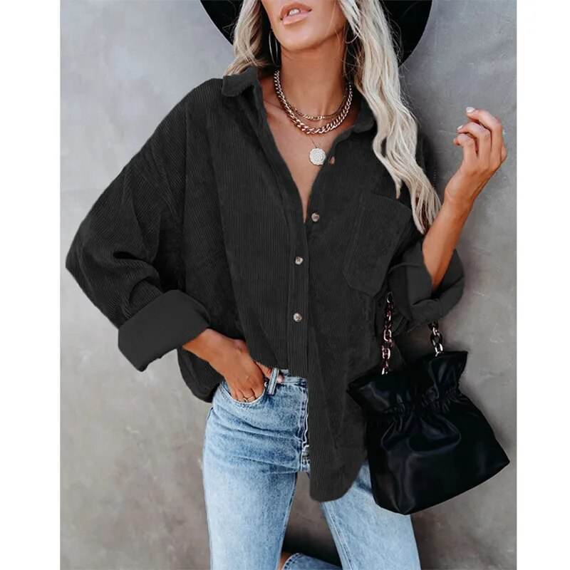 Autumn/Winter Women's Shirt Solid Lapel Pit Stripe Casual Coat Women - Tamnz