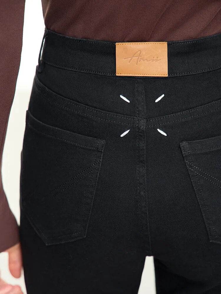 AMII Minimalism 2023 Jeans For Women New Cotton Elastic Denim Bottom Split Waist Pencil Pants Autumn Slim Black Pants 12323099 - Tamnz