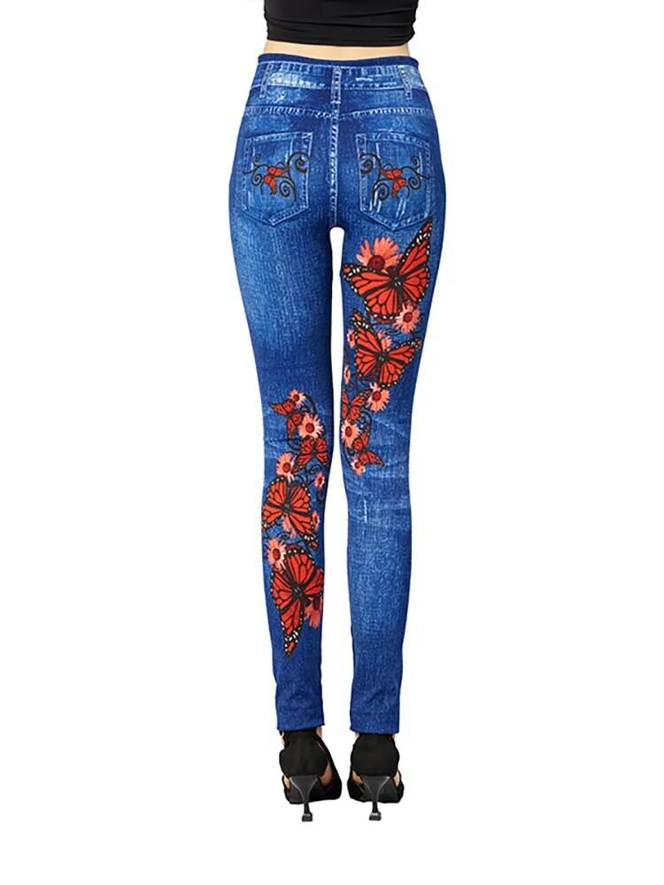 Gym Leggins High Waist Elastic Butterfly Pritned Pencil Pants Faux Denim Leggings Female New Design Hot Sale - Tamnz