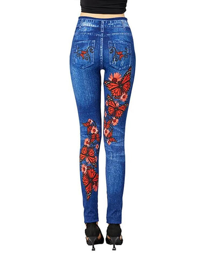 Gym Leggins High Waist Elastic Butterfly Pritned Pencil Pants Faux Denim Leggings Female New Design Hot Sale - Tamnz