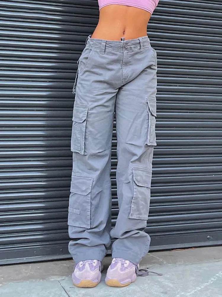 Summer Womens Vintage Grey Cargo Pants High Waist Wide Leg Jeans Baggy Casual Fashion Multiple Pockets Mom Hip Hop Street Style - Tamnz